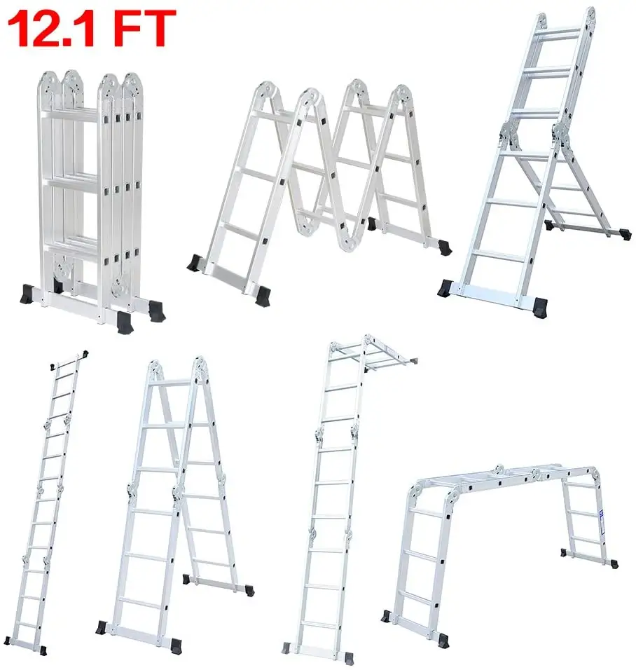 Multi-Purpose Ladder Folding Ladder 12.1 FT Extendable Aluminium Step Ladder Platform Ladder
