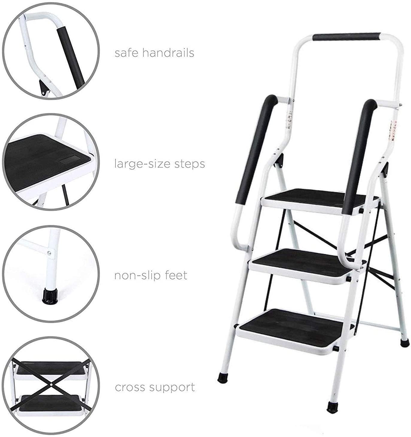 300lbs Fiudx Step Stool,Ladder Folding Step Stool,2 Step Ladder Tool Ladder Folding Portable Steel Frame Ladders Safety Padded Handrails with Large Area Pedals for Kitchen Home and Office 