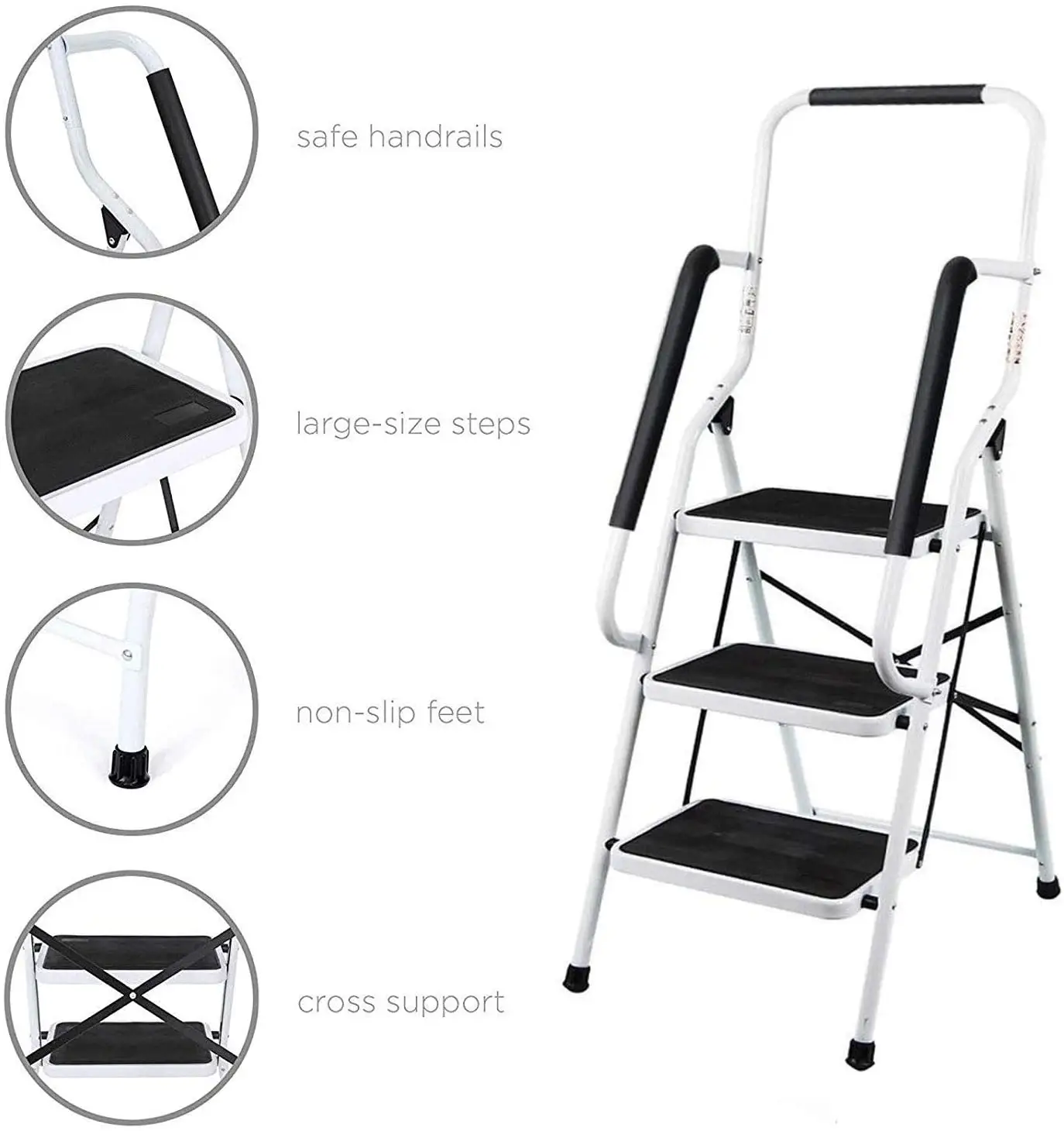 3 Step Ladder, Heavy Duty Steel Folding with Anti-Slip Rubber Mat And Safety Handrail-150kg Load
