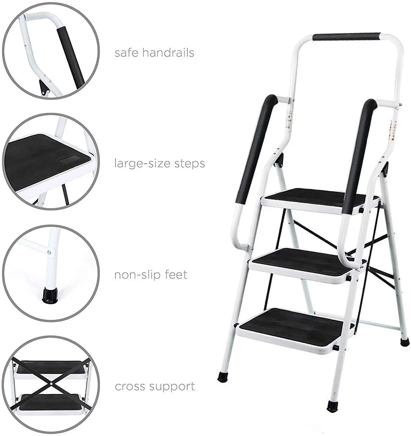 3 Step Ladder, Heavy Duty Steel Folding with Anti-Slip Rubber Mat And Safety Handrail - 150kg/330lbs Load manufacturer